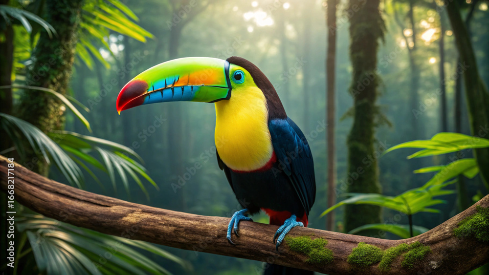 Obraz premium Colorful Toucan Perched on a Mossy Branch in a Sunlit Rainforest bird wildlife