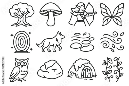 Magical Forest Icons. Outline icon set of magical forest realm: ancient tree, glowing mushroom, elf archer,