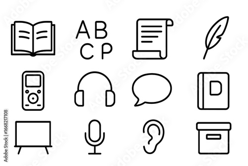 Language Preservation Icons. Outline icon set of language preservation: open book, alphabet letters, scroll,