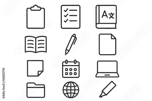 Language Class Icon Set. Outline icon set of language class preparation: clipboard, checklist, dictionary,