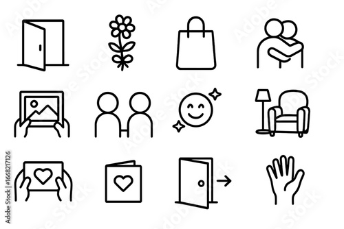 Visiting Family Icons Set. Outline icon set of visiting sick family member: entrance icon, flower gift, carry