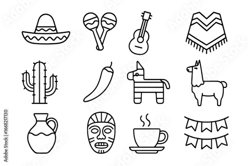 Latin Culture Icons. Outline icon set of Latin American culture: sombrero, maracas, guitar, poncho, cactus,
