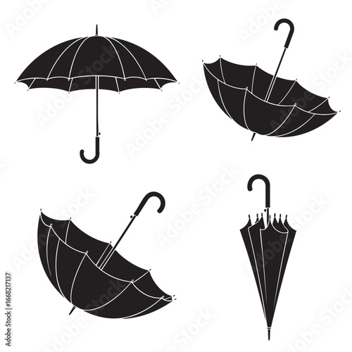 Four black and white silhouette illustrations of umbrellas in various open and closed positions