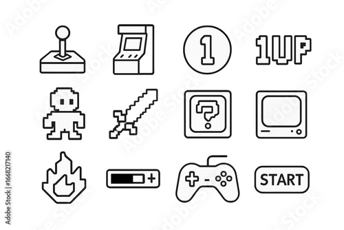 Retro Gaming Icons. Outline icon set of retro video games: pixel joystick, arcade machine, game coin, 1UP icon