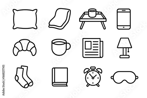Lazy Morning Essentials. Outline icon set of lazy morning in bed: pillow, duvet, breakfast tray, croissant,