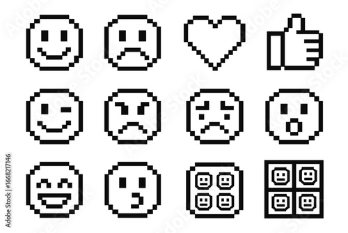 Pixel Emoji Icon Set. Outline icon set of pixel-based emojis: smiley pixel, sad face, pixel heart, pixel