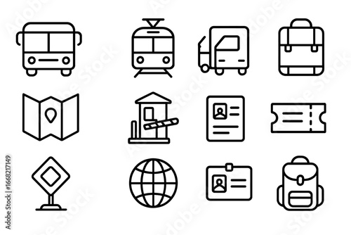 Land Migration Icons. Outline icon set of migration by land: bus, train, truck, suitcase, passport, map,
