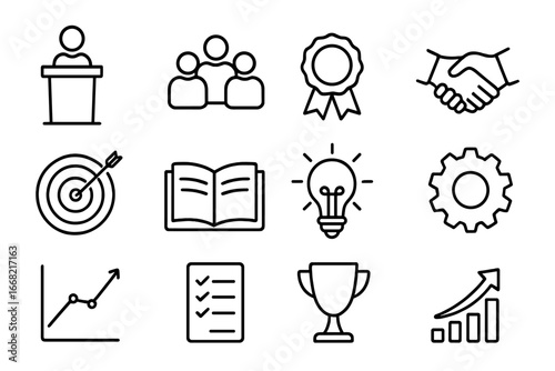 Leadership Icons Set. Outline icon set of leadership training: podium, group of people, award ribbon,