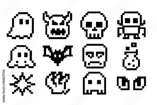 Pixel Monster Icons. Outline icon set of pixel monsters and enemies: pixel ghost, fire demon, skull sprite,