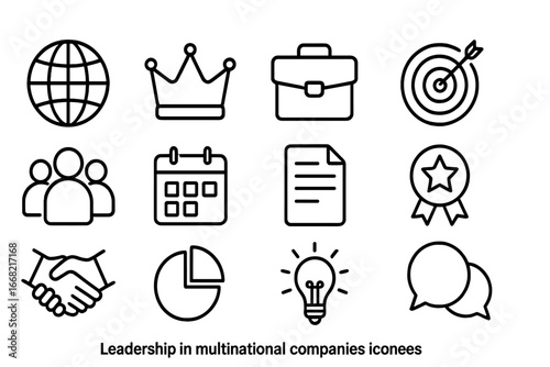 Leadership Icon Set. Outline icon set of leadership in multinational companies: globe, crown, briefcase,