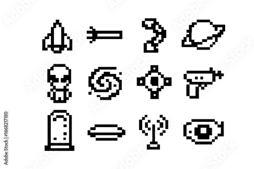 Pixel Sci-Fi Icons. Outline icon set of pixel sci-fi icons: pixel spaceship, laser beam, robot arm, pixel