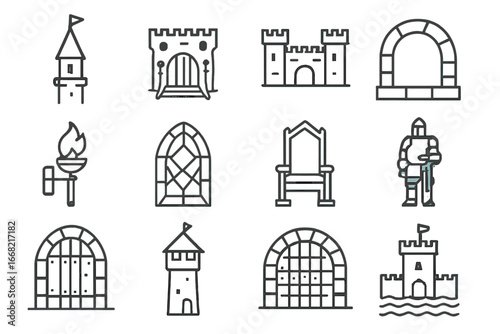 Castle Icon Collection. Outline icon set of royal castle architecture: tall spire, drawbridge, inner courtyard