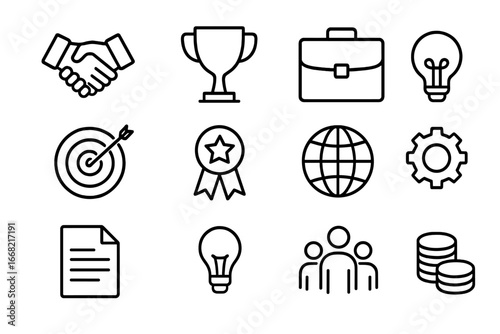 Leadership Icons Grid. Outline icon set of leadership excellence: handshake, trophy, bar chart, briefcase,