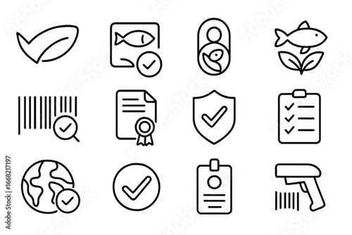 Eco-Certification Icon Grid. Outline icon set of eco-label certification: MSC logo, ASC badge, Fair Trade fish