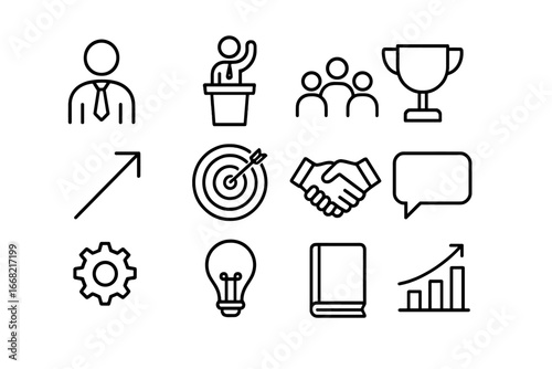 Leadership Icons Grid. Outline icon set of leadership guidance: leader icon, podium, group of people, trophy,