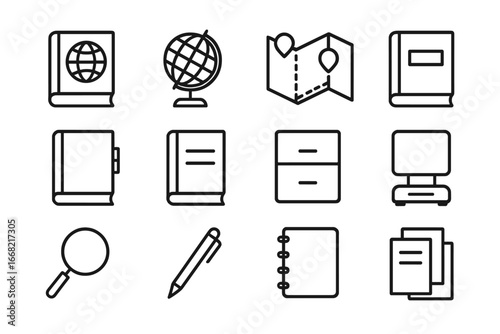 Library Research Icons. Outline icon set of library research tools: atlas, globe, map, encyclopedia,