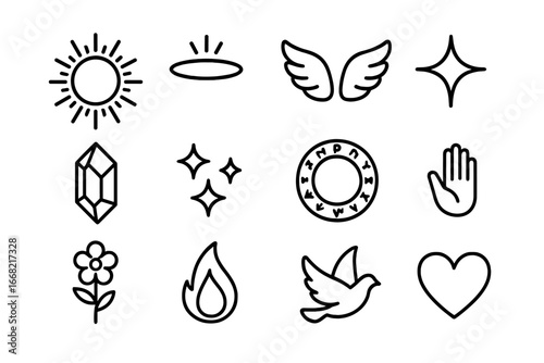 Light Magic Icons. Outline icon set of light magic blessings: glowing sun, halo, wings, star, crystal,