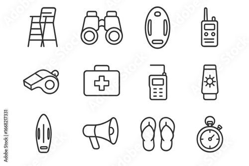 Lifeguard Essentials Icons. Outline icon set of lifeguard essentials: lifeguard chair, binoculars, rescue buoy