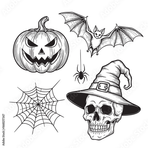 Black and white sketchy halloween icons jack o lantern bat spider skull and spiderweb set