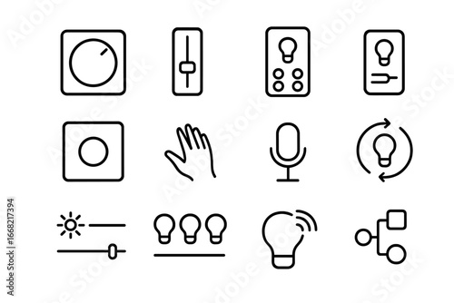 Lighting Control Icons. Outline icon set of lighting controls: rotary dimmer, slider switch, remote, app UI,