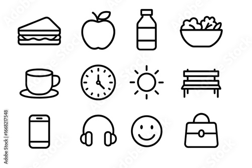 Lunch Break Icons. Outline icon set of lunch break at work: sandwich, apple, water bottle, salad bowl, coffee