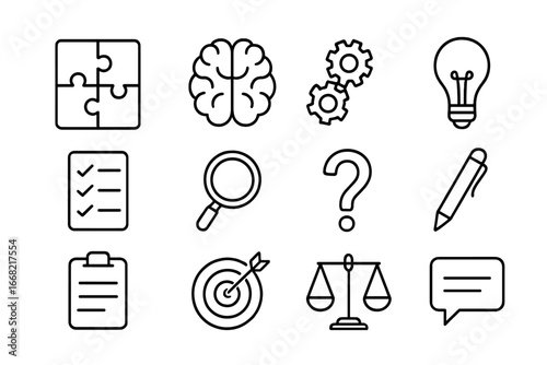 Logical Thinking Icons. Outline icon set of logical thinking: puzzle pieces, brain, gears, light bulb,