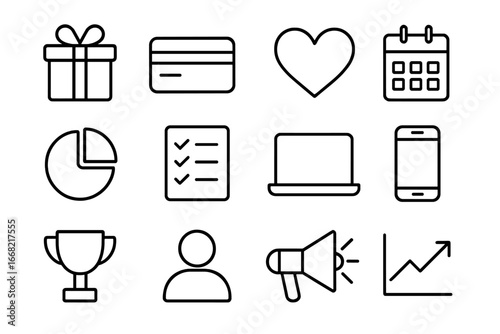 Loyalty Program Icons. Outline icon set of loyalty programs: gift box, loyalty card, heart, calendar, pie