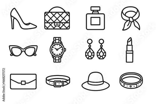 Luxury Fashion Essentials. Outline icon set of luxury fashion blogger essentials: designer heels, quilted