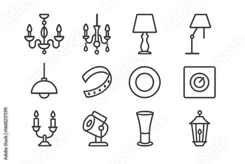 Luxury Lighting Icons. Outline icon set of luxury home lighting: chandelier, crystal wall sconce, gold table