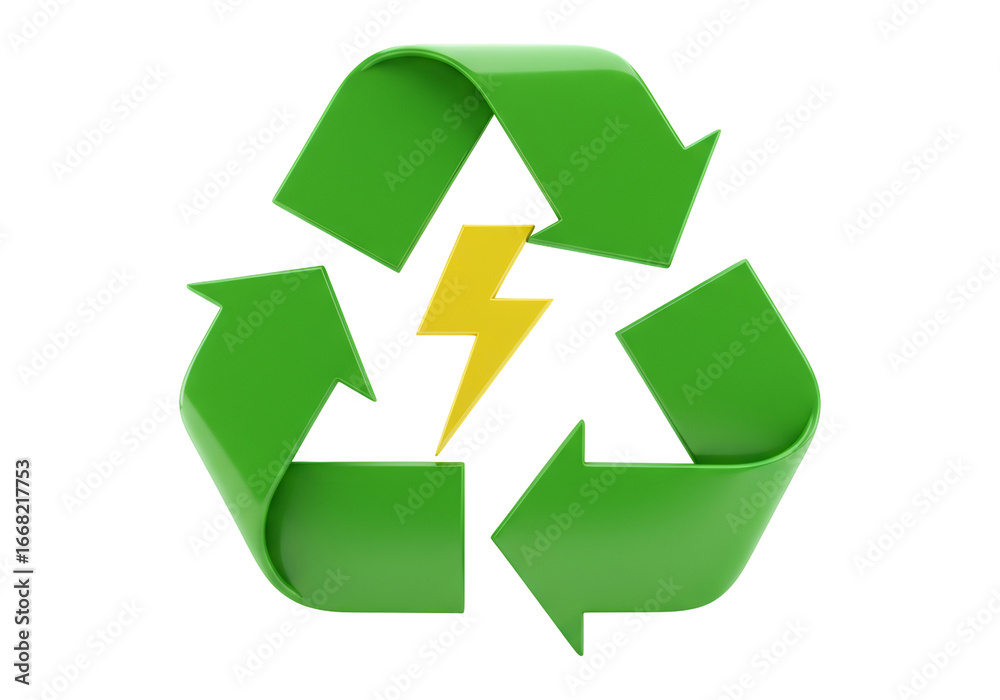 Obraz premium Green Recycle Symbol With Yellow Lightning Bolt Against Transparent Background
