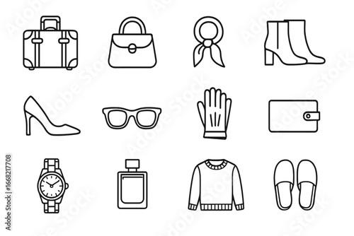 Luxury Travel Icons. Outline icon set of upscale travel wardrobe items: leather suitcase, designer handbag,