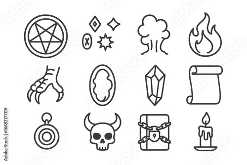 Magical Icon Grid. Outline icon set of summoning magic: magic circle, glowing runes, smoke burst, flame, claw,