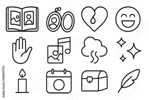 Bittersweet Memory Icons. Outline icon set of bittersweet memories: open photo book, locket icon, heart with