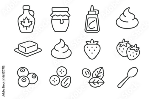 Maple Syrup Toppings Icons. Outline icon set of maple syrup and toppings: maple syrup bottle, honey jar,