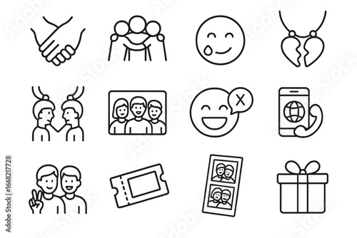 Friendship Farewell Icons. Outline icon set of friendship farewells: holding hands, group hug, smile with tear
