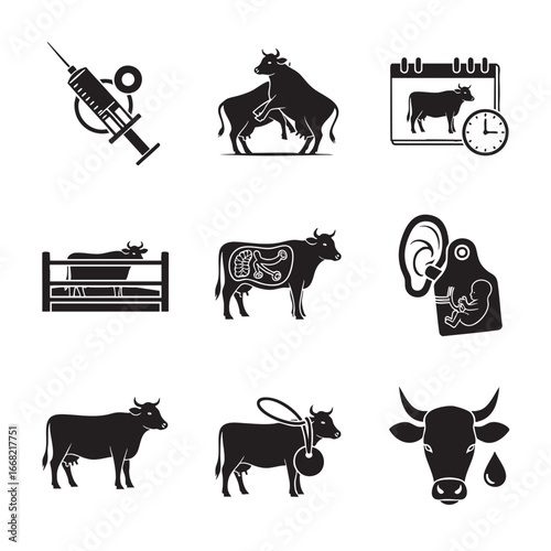 Livestock farming and veterinary medicine icons cow syringe calendar fetus agriculture health care