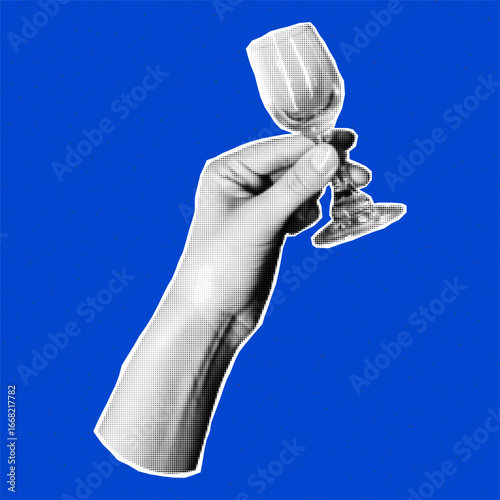 Halftone collage cut out element of a hand holding shot glass, modern celebration theme, pop art sticker vibe, neon blue backdrop with punk grunge zine texture and noisy grain.
