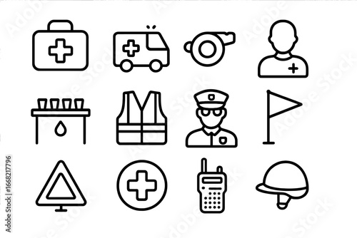 Marathon Safety Icons. Outline icon set of marathon safety: first aid kit, ambulance, whistle, lifeguard,