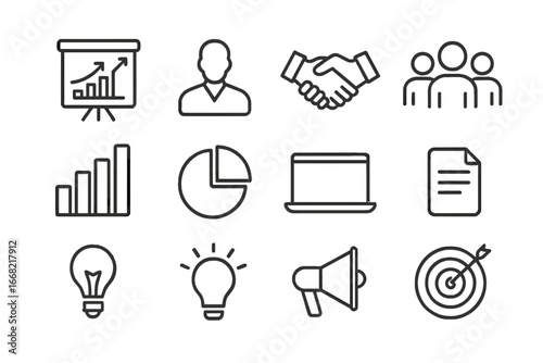 Marketing Icons Grid. Outline icon set of client presentation by marketing managers: presentation board,