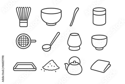 Matcha Tea Tool Icons. Outline icon set of matcha tea tools: matcha whisk, matcha bowl, bamboo scoop, tea