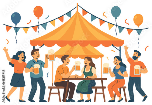 Beer festival celebration vector: oktoberfest party with friends, beer mugs, and festive atmosphere