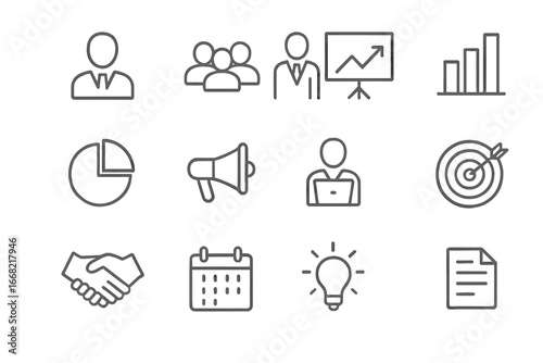 Marketing Icons Grid. Outline icon set of marketing managers leading teams: manager silhouette, group of