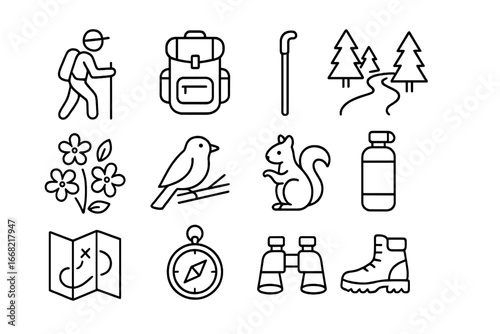 May Forest Hiking Icons. Outline icon set of hiking in the May forest: hiker, backpack, walking stick, forest