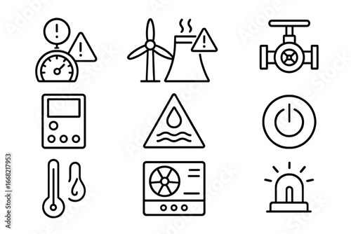 Energy Plant Alarm Icons. Outline icon set of energy plant alarm systems: high pressure warning, turbine fault
