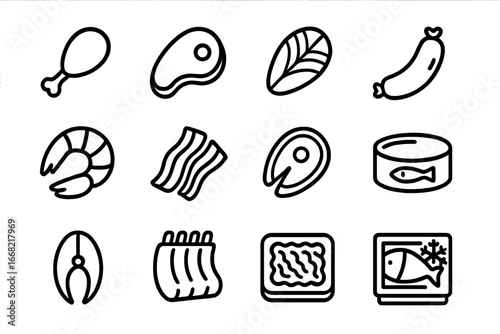 Meat and Fish Icons. Outline icon set of meat and fish storage: chicken drumstick, steak, fish fillet, sausage