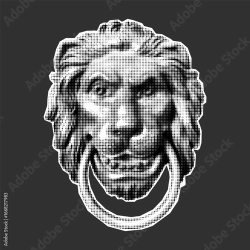 Stylized lion head for modern collage, halftone overlay, antique fragment with grunge grain, retro photocopy effect, mythic art sticker illustration.