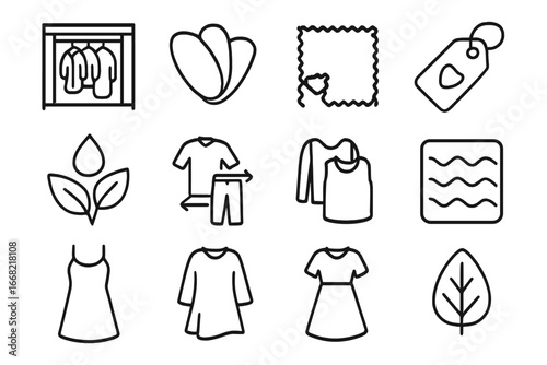 Mindful Wardrobe Icons. Outline icon set of mindful wardrobe: capsule closet, earth-tone colors, fabric swatch