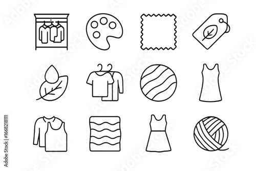 Mindful Wardrobe Icons. Outline icon set of mindful wardrobe: capsule closet, earth-tone colors, fabric swatch