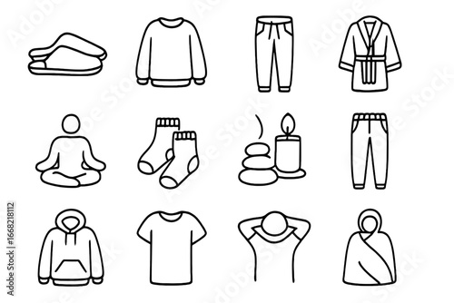 Cozy Relaxation Icons. Outline icon set of post-work decompression outfits: slip-on shoes, oversized