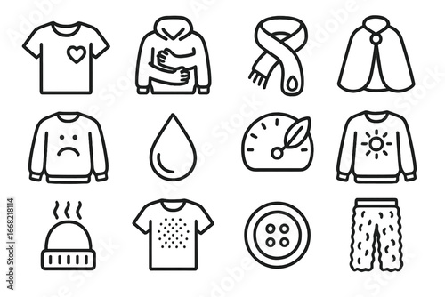 Emotional Comfort Icons. Outline icon set of fashion for emotional comfort: heart patch shirt, hug icon hoodie